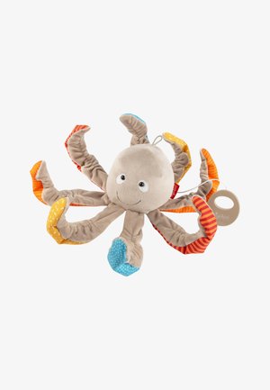 Giocattolo polpo di peluche con otto tentacoli colorati e a fantasia nei toni dell'arancione, blu e giallo. Corpo beige morbido con un volto sorridente e un'etichetta attaccata.