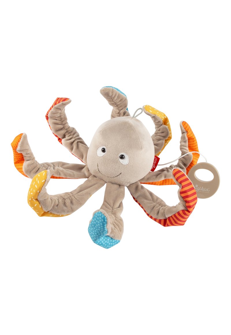 Plüsch-Oktopus-Spielzeug mit acht bunten, gemusterten Tentakeln in Orange, Blau und Gelb. Weicher beiger Körper mit lächelndem Gesicht und angehängtem Etikett.