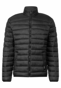 Černá péřová bunda s vysokým límcem, horizontálním prošíváním, předním zipem a dvěma bočními kapsami. Hladká textura a lehký design.