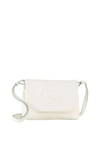 Bílá crossbody taška s vyraženým kruhovým logem, s překlopným víkem, hladkým povrchem a světle šedým popruhem.