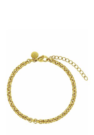 Goldfarbiges Kettenarmband mit Karabinerverschluss und verstellbarer Verlängerungskette, mit einem kleinen runden Anhänger nahe dem Verschluss.