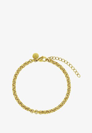 Goudkleurige kettingarmband met karabijnsluiting en verstelbare verlengketting, met een kleine ronde bedel vlakbij de sluiting.