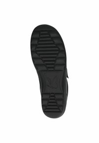 Čierna podrážka topánky s textúrovanými drážkami a dizajnom loga, so vzorovaným gripom pre trakciu a odolnou konštrukciou materiálu.