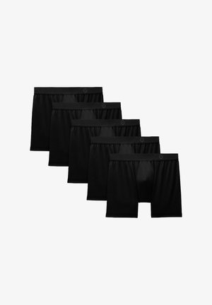 Fekete boxer alsónadrág ötpontos csomagban. Nyúlékony anyagból készült, sima tapintással. Puha, elasztikus derékkal rendelkezik. Minták vagy díszítések nélkül.