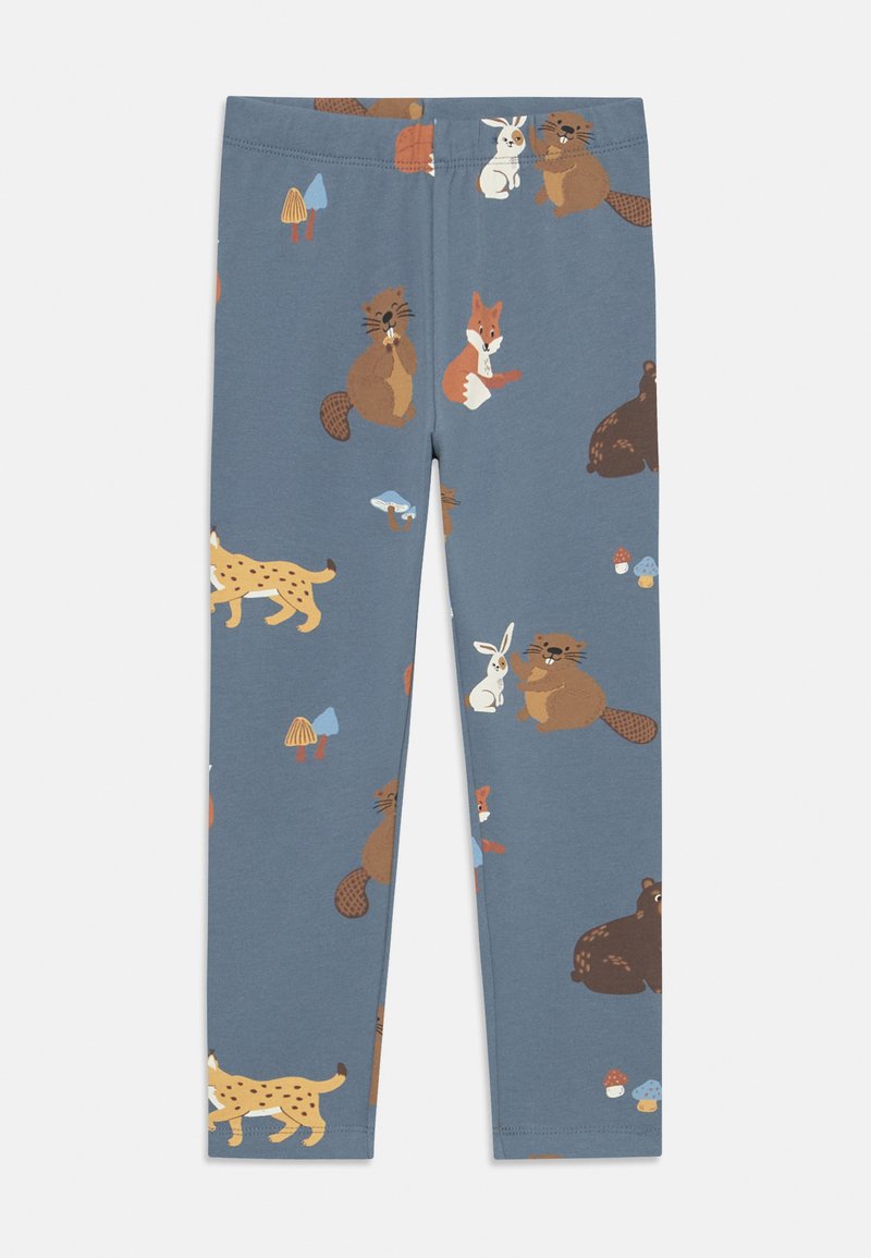 Leggings bleus avec un imprimé amusant d'animaux variés, de champignons et d'éléments naturels, fabriqués à partir d'un tissu doux et extensible.
