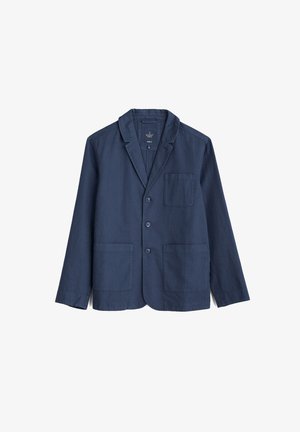 Marineblauer Blazer aus glattem Stoff, mit einem Revers, drei Knöpfen und zwei vorderen Taschen.