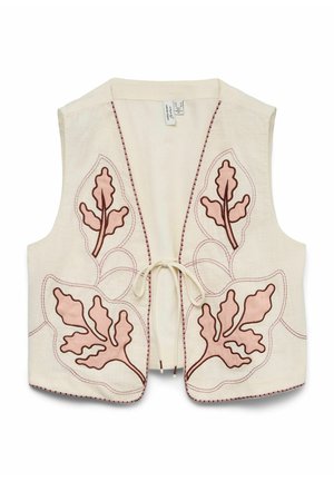 Kreemjas vest roosade ja pruunide tikandiga lehemustritega, esikülg avatud, seotud õhukese kreemja paelaga, varrukateta disain.