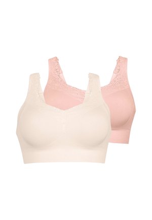 Due reggiseni wireless rifiniti in pizzo color crema e rosa chiaro, vista frontale con spalline larghe su sfondo bianco.