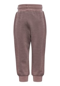 Mauve stickade jogger-byxor med elastisk midja, sidofickor och snäva ribbade fållar vid anklarna.