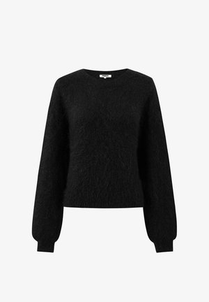 Zwarte, pluizige gebreide trui met lange, opgeblazen mouwen en een ronde halslijn. Zachte textuur en licht cropped ontwerp.