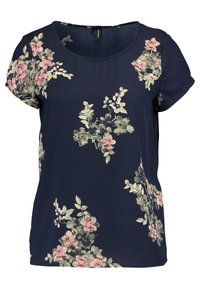 Námořnická modrá halenka s krátkým rukávem a kulatým výstřihem, zdobená květinovým vzorem v růžové a zelené barvě po celé látce. Hladká textura.