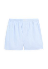 Světle modré pruhované trenýrky s elastickým pasem, vybavené dvěma knoflíky v přední části a malou kapsičkou na levé straně.