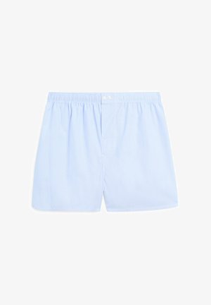 Light blue striped boxers with an elastic waistband, featuring two buttons at the front and a small pouch pocket on the left side.