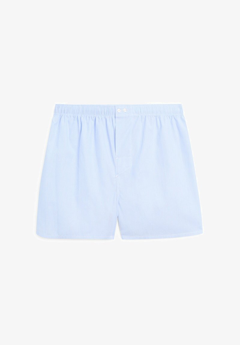 Light blue striped boxers with an elastic waistband, featuring two buttons at the front and a small pouch pocket on the left side.