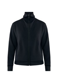 Chaqueta negra con cremallera y alto cuello, mangas largas y puños acanalados, presentada sobre un fondo blanco liso.