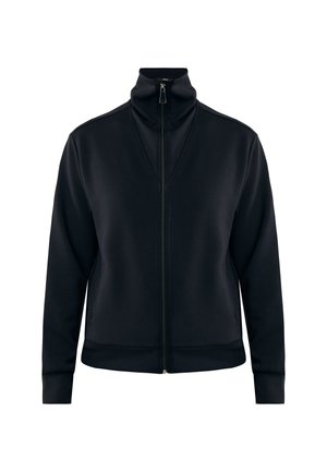 Sort lynlåsejakke med høj krave, lange ærmer og ribbede manchetter, vist på en helt hvid baggrund.