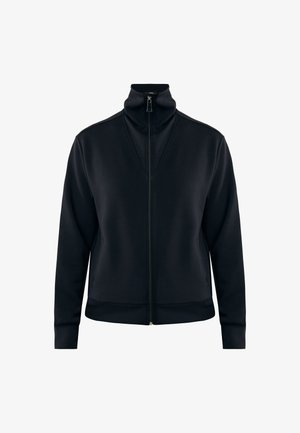 Sort lynlåsejakke med høj krave, lange ærmer og ribbede manchetter, vist på en helt hvid baggrund.