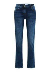 Jean en denim bleu foncé coupe slim avec une ceinture régulière, cinq poches et des coutures contrastantes. Texture lisse avec des détails légèrement décolorés.