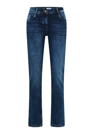 Jean en denim bleu foncé coupe slim avec une ceinture régulière, cinq poches et des coutures contrastantes. Texture lisse avec des détails légèrement décolorés.
