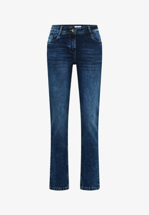 Vaqueros de mezclilla azul oscuro de corte entallado con cinturilla regular, cinco bolsillos y costuras en contraste. Textura suave con detalles de desvanecimiento ligero.