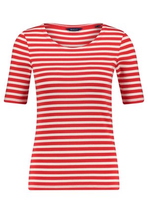 Rot-weiß gestreiftes kurzärmeliges Shirt mit rundem Ausschnitt, tailliertem Schnitt und GANT-Label im Krageninneren.