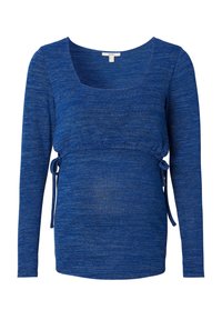 Długie rękawy bluzka ciążowa z niebieskiego dzianiny, z kwadratowym dekoltem i regulowanymi bocznymi wiązaniami dla lepszego dopasowania.