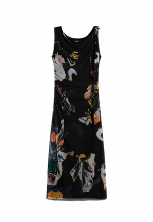 Sort kjole med blomster- og abstrakte prints. Har ærmeløs design, draperet stof og en knudedetalje ved skulderen.