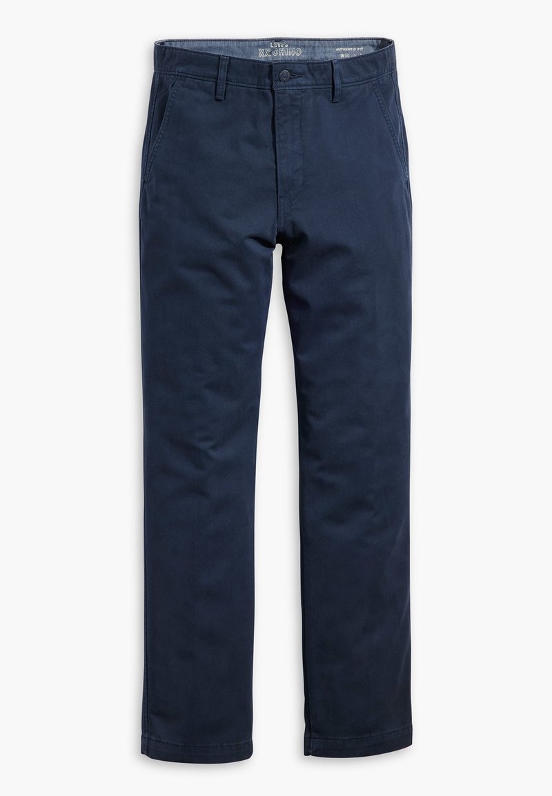 Pantalones chinos azul marino hechos de una mezcla de algodón, que presentan un diseño de pierna recta clásica, bolsillos frontales y un cierre de botón.