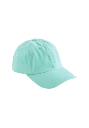 Gorra de béisbol turquesa clara con visera curva y agujeros de ventilación cosidos en la parte superior, aislada sobre fondo blanco.