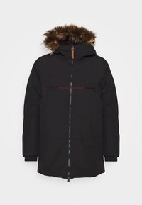 Parka invernale nera con zip frontale, polsini elasticizzati e cappuccio con bordo in pelliccia sintetica marrone.