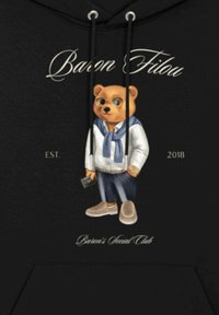 Felpa nera con cappuccio che presenta un orso in stile cartone animato che indossa una camicia bianca, una sciarpa blu e occhiali, mentre tiene in mano un cartellino, con la scritta "Baron Filou" e "Baron's Social Club."