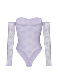 Lila bodysuit met off-shoulder ontwerp, lange doorzichtige mouwen, getextureerd bloemmotief en aansluitende onderkant, gemaakt van zachte, rekbare stof.