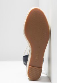 Marinblå espadrillosandal med en flätad jutehäl, gummiyttersula och vita ankelremmar. Visad bakifrån. Storlek 5,5.