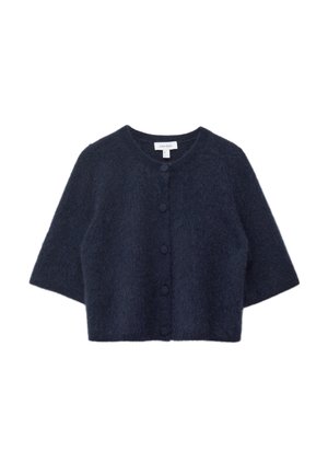 Marineblauer, verkürzter Cardigan aus weichem, flauschigem Material mit rundem Ausschnitt und fünf Knöpfen auf der Vorderseite. Kurze Ärmel.