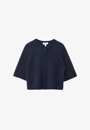 Marineblauer, verkürzter Cardigan aus weichem, flauschigem Material mit rundem Ausschnitt und fünf Knöpfen auf der Vorderseite. Kurze Ärmel.