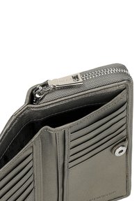 Grey leather wallet featuring a zipper closure, multiple card slots, and a snap button detail, with a smooth, textured finish.
