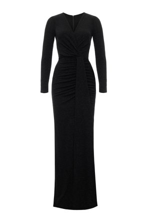 Czarna sukienka z długim rękawem, z przodu z twistowym wykończeniem, zebranym w talii i długością do ziemi, subtelnie błyszcząca. Zamek z tyłu.