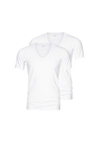 White cotton v-neck t-shirts, short sleeves, two-pack, soft texture, fitted design, minimal branding on neck.