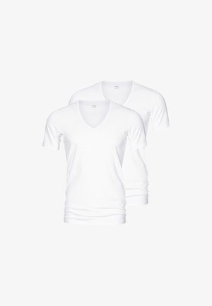 Hvide bomulds v-hals t-shirts, korte ærmer, to-pak, blød tekstur, tætsiddende design, minimal branding på halsen.
