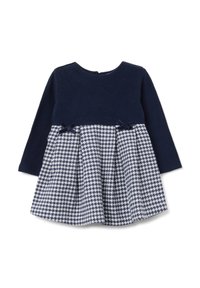Abito lungo a maniche con vestibilità aderente in navy, con gonna svasata a motivo houndstooth, arricchita da due piccoli fiocchi scuri in vita.
