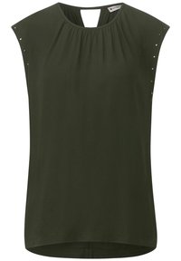 Tmavě zelený top s krátkými rukávy, s nařaseným výstřihem, klíčovou dírkou na zádech a stříbrnými cvočky na ramenech. Měkká, splývavá tkanina.