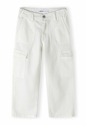 White cargo pants made from textured cotton, featuring side pockets, a straight cut, and a front button closure.