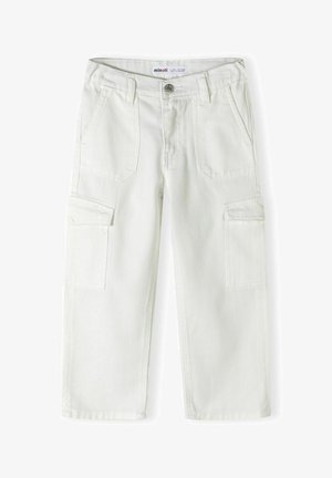 Pantalons cargo blancs en coton texturé, avec poches latérales, coupe droite et fermeture à boutons à l'avant.