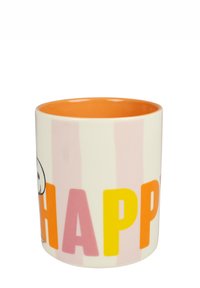 Ceramic mug with an orange interior, featuring a striped white and pink exterior. "HAPPY" is printed in bold, colorful letters.