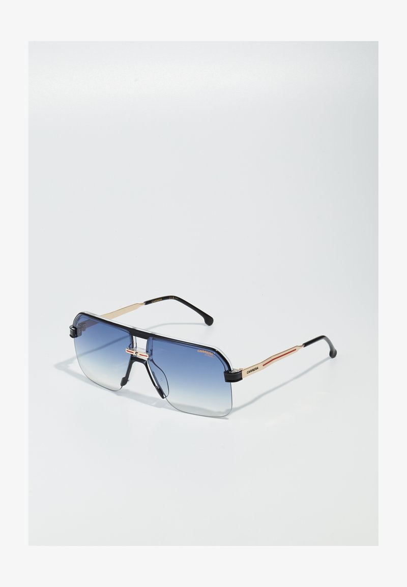Ochelari de soare supradimensionați cu un cadru din metal negru și auriu; lentile cu gradient albastru; design unghiular; brand minimal pe brațe.