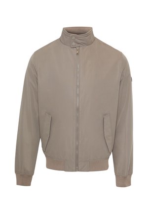 Chaqueta bomber beige con cremallera frontal, cuello con botón a presión, dos bolsillos delanteros en diagonal y puños y dobladillo acanalados.
