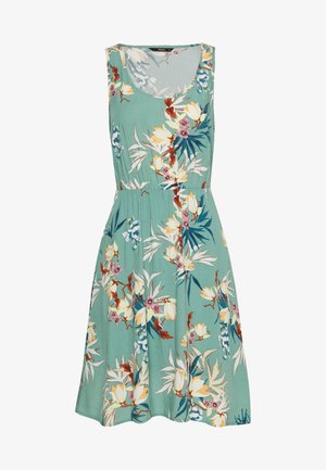 Květinové letní šaty ve tyrkysové látce s bílými, růžovými a žlutými květinami. Bez rukávů, s přiléhavým pasem a splývavou sukní.