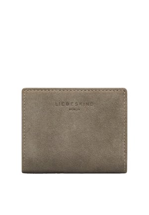 Portafoglio rettangolare in suede color taupe con cuciture visibili e logo "Liebeskind Berlin" impresso al centro davanti.