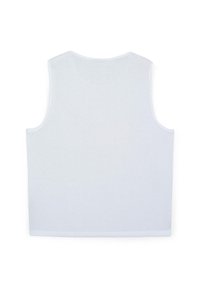 Top senza maniche di color azzurro chiaro, realizzato in tessuto morbido. Presenta un taglio semplice e quadrato con una texture liscia e un collo tondo.
