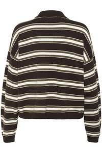 Brown and cream striped knit sweater with a collar, featuring a relaxed fit and ribbed cuffs. Textured fabric for a soft feel.